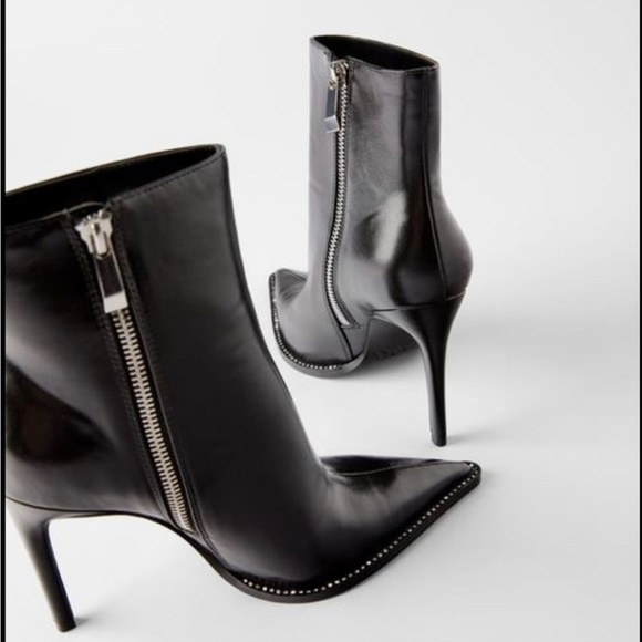 Zara Shoes - Zara black faux leather rhinestone embellished trim ankle boots